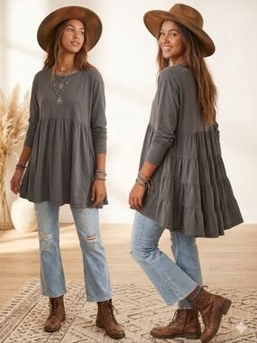Easel Grey 100% Cotton Tiered Babydoll Tunic Top Twirl Fairycore Boho